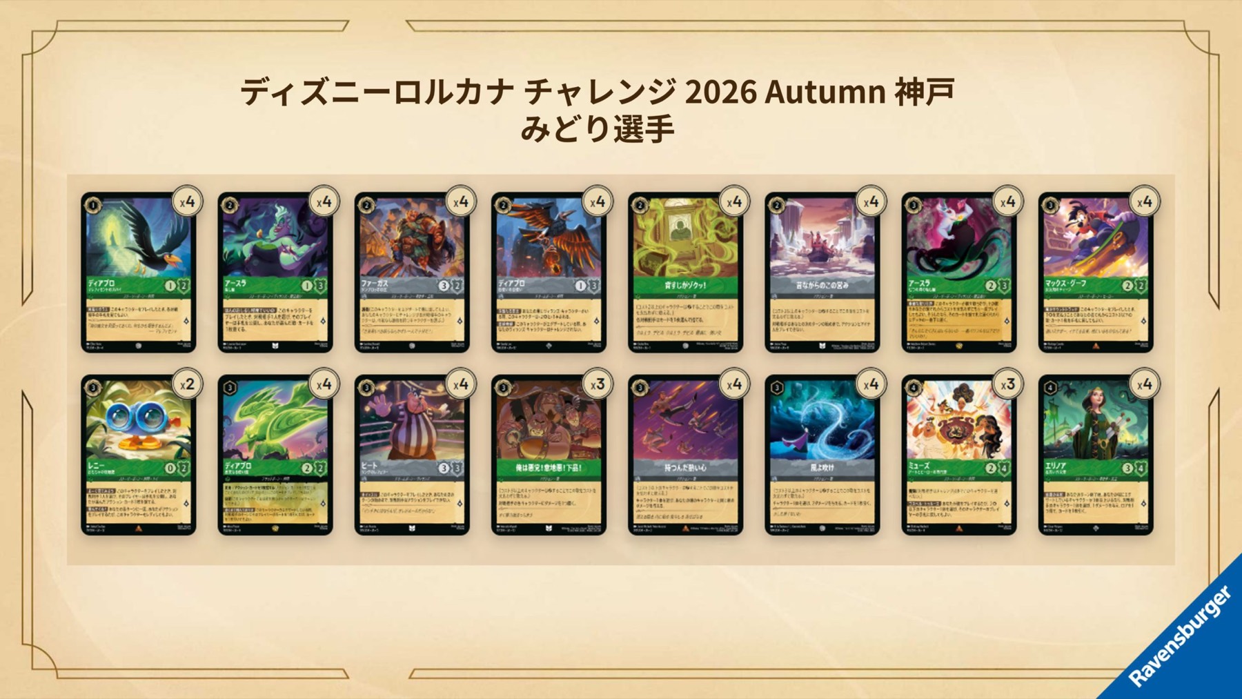 Full 60-card decklist for Midori's championship Dualsong deck at Disney Lorcana Challenge Kobe 2026