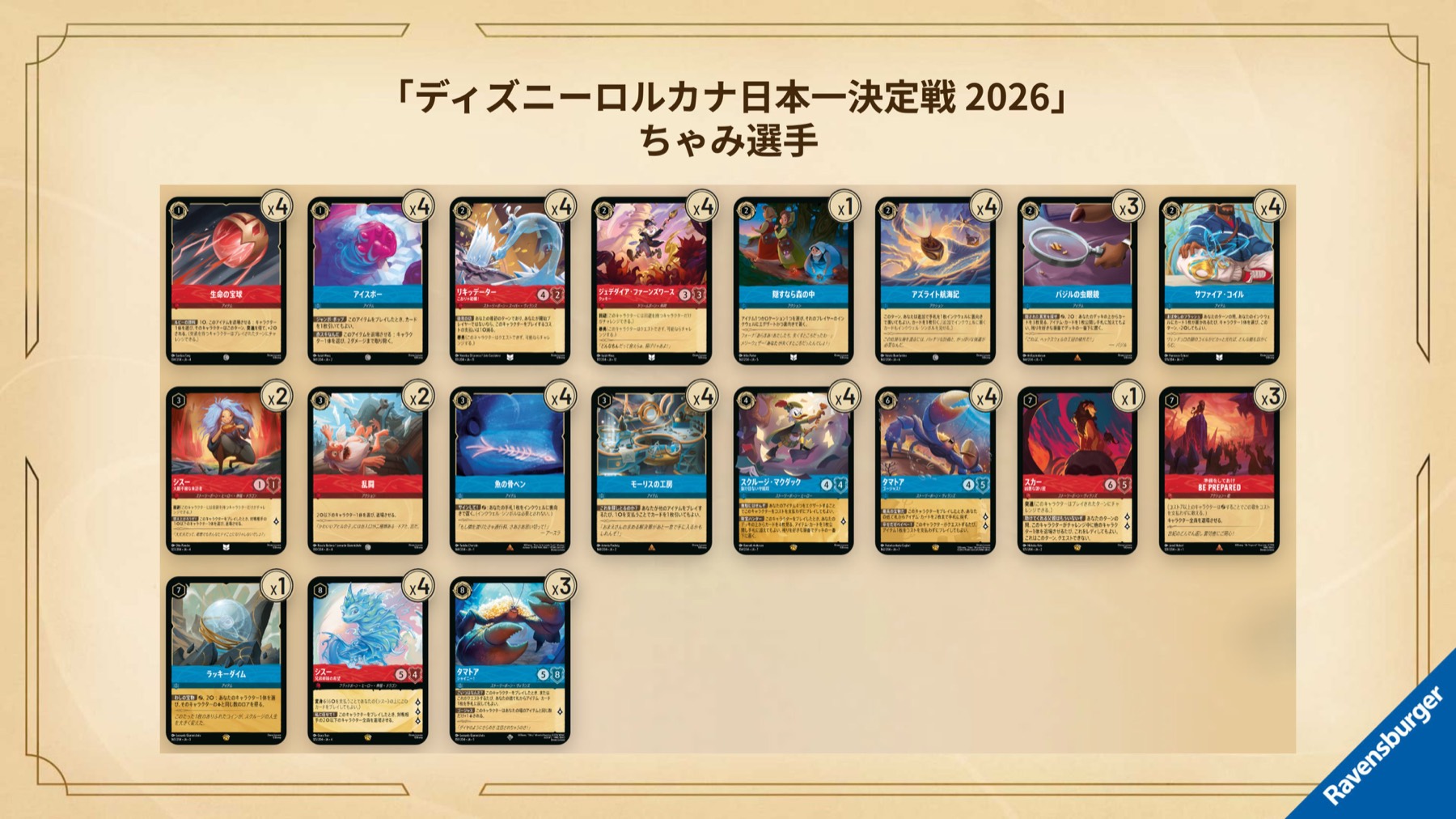 Full 60-card decklist for Chami's semifinalist Ruby/Sapphire deck at the Disney Lorcana Japan National Championships 2026