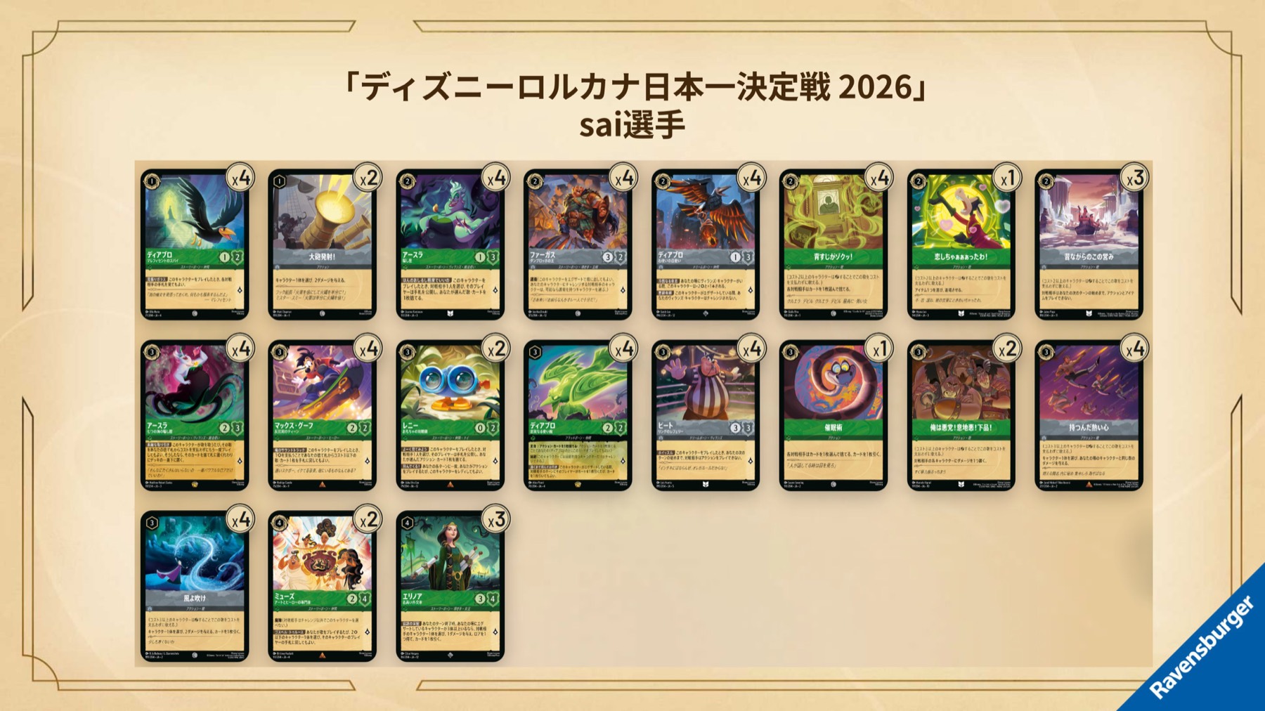 Full 60-card decklist for Sai's elite 8 Emerald/Steel deck at the Disney Lorcana Japan National Championships 2026